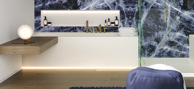 copertina2mobile-crystal-vasca-squadrata-customizzabile-in-white-stonage vasca ad angolo MOMA Design in Stonage, modello Crystal senza schienali, rubinetteria a bordo vasca e nicchia Container e LED, affiancata a piatto doccia modello Tolomeo in Stonage