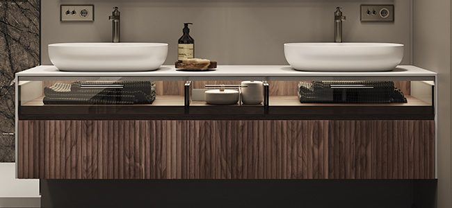 mobile sospeso MOMA Design modello Slimline glass + wood con cassetti chiusi in vetro e noce canaletto fresato, con lavabi d'appoggio modello Sweet