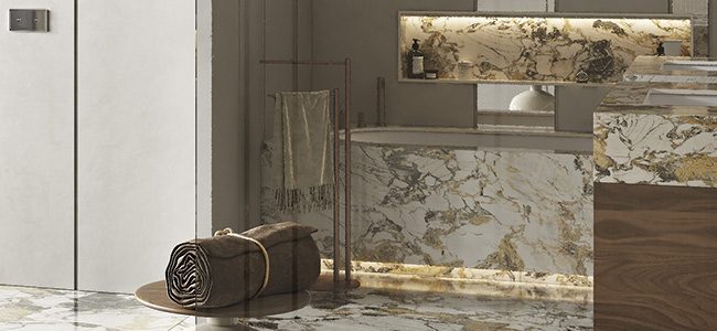 copertina2mobile-sapphire-inca-vasca-da-incasso-in-white-stonage dettaglio parete vasca da incasso MOMA Design in Stonage modello Sapphire Inca, con zoccolino LED 3000°K, per installazione in nicchia e rivesimento totale con gres porcellanato finitura Etoile Symphonie e nicchia in tinta