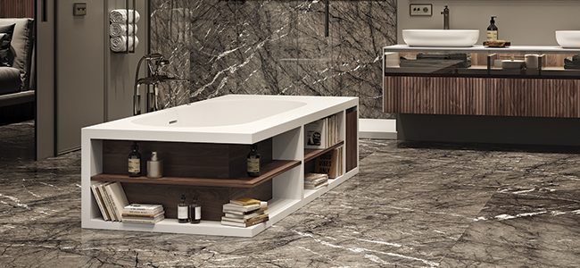 asca centro stanza MOMA Design in Stonage, modello Sapphire con invaso ovale e Airpool System, con libreria in legno tutt'attorno, affiancata a mobile modello Slimline Glass+Wood