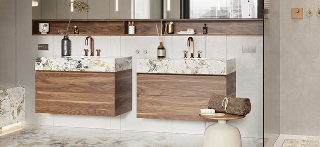 mobile sospeso MOMA Design modello Evoline in noce canaletto con top in gres Etoile Symphonie di Florim
