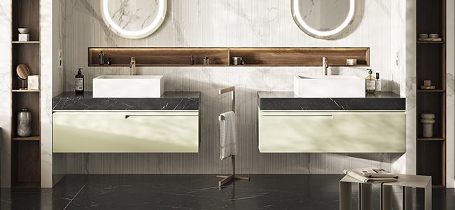 doppio mobile Emphasis laccato verde opaco con top in gres nero e lavabo d'appoggio modello Quadrant