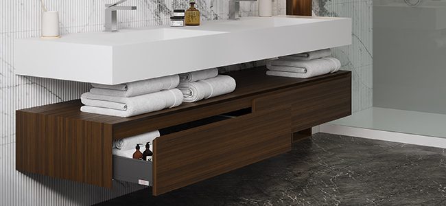mobile MOMA Design modello Evermotion in noce canaletto, con piano lavabo scatolato in stonage