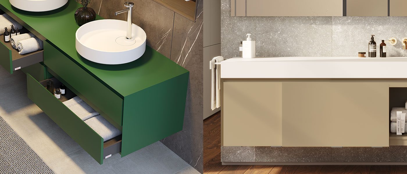 collage mobile MOMA Design modello Evermotion in MDF laccato opaco, con lavabi d'appoggio in stonage modello Oyster e mobile modello Evermotion Slide con ante scorrevoli e piano lavabo scatolato