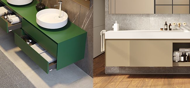 collage mobile MOMA Design modello Evermotion in MDF laccato opaco, con lavabi d'appoggio in stonage modello Oyster e mobile modello Evermotion Slide con ante scorrevoli e piano lavabo scatolato