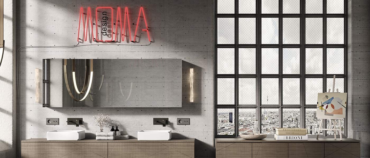 copetina2-keplero-1-lavabo-da-appoggio-in-white-stonage Doppio lavabo d'appoggio MOMA Design modello Keplero con copripiletta removibile, in appoggio su mobile a terra modello Boxline, cassetti aperti, e specchio contenitore modello Mirr Box e logo MOMA Design