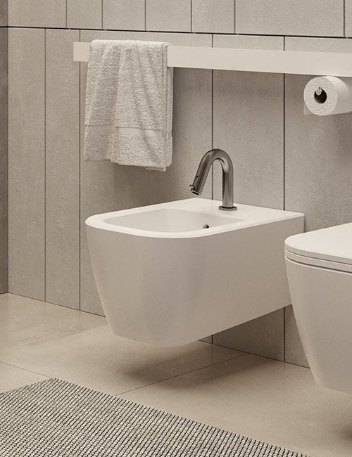 dettaglio-bquadro-bidet-sospeso-con-fissaggio-a-scomparsa-in-ceramica-opaca close up bidet MOMA design modello BQuadro in ceramica satinata opaca, con barra Line portarotolo