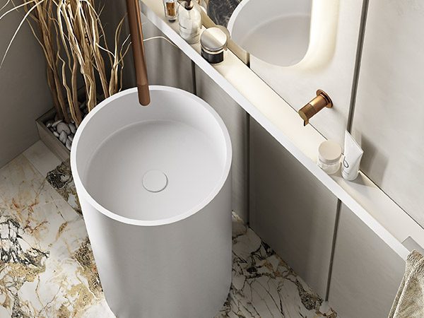 dettaglio-circular-tower-lavabo-freestanding-in-white-stonage lavabo tower freestanding MOMA Design modello Circular Tower in Stonage con accessorio a muro barra modello Line in alluminio bianco e rubinetteria a soffitto