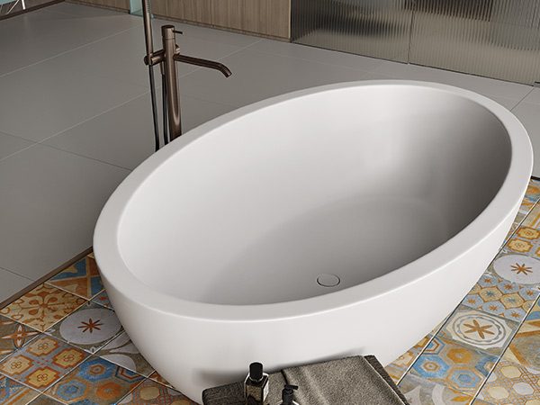 dettaglio-emerald vasca freestanding in white stonage vasca freestanding in White Stonage modello Emerald di MOMA Design su pedana in maiolica