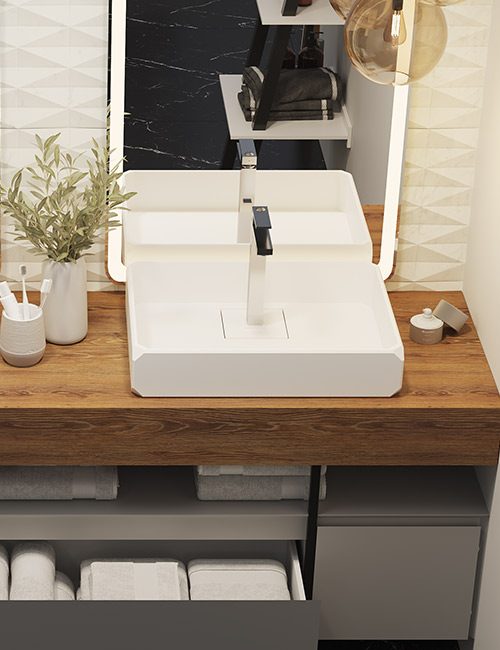 dettaglio-keplero-2-lavabo-da-appoggio-in-white-stonage Dettaglio lavabo d'appoggio MOMA Design modello Keplero rettangolare con rubinetteria interna, in appoggio su mensola in legno vintage