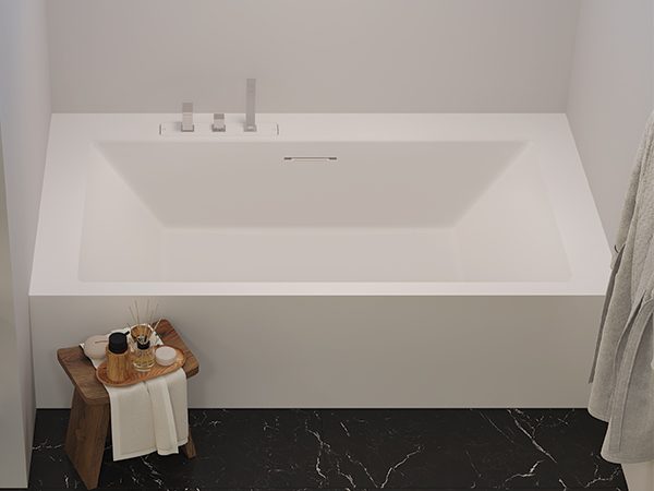 dettaglio-miami-vasca-squadrata-customizzabile-in-white-stonage vasca in nicchia MOMA Design in Stonage, modello Miami con due schienali e rubinetteria a bordo vasca