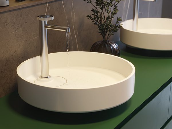 dettaglio-oyster-lavabo-da-appoggio-in-white-stonage Lavabi da appoggio MOMA Design modello Oyster in White Stonage con predisposizione miscelatore interno, su mobile laccato modello Evermotion, dettaglio