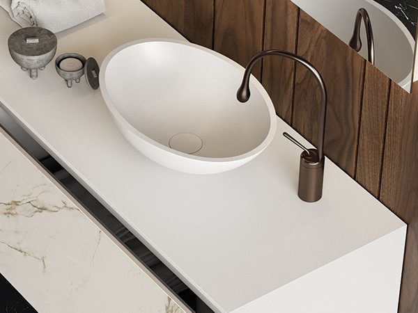 dettaglio-pearl-1-lavabo-da-appoggio-in-white-stonage Lavabo da appoggio MOMA Design modello Pearl in White Stonage su mobile Slimline con frontali in gres porcellanato finitura Calacatta Gold, cassetto aperto