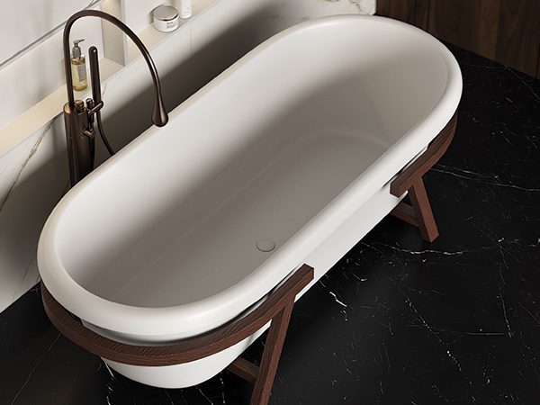 dettaglio-provence vasca-freestanding-in-white-stonage vasca freestanding in White Stonage modello Provence di MOMA Design, con struttura di sostegno in Teak