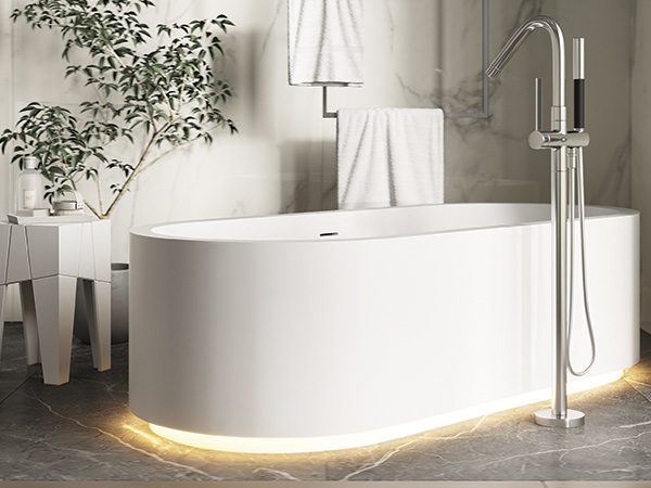 dettaglio-sapphire-free vasca-freestanding-in-white-stonage vasca freestanding in White Stonage modello Sapphire Free di MOMA Design, con zoccolino illuminato a LED 3000°K e accessorio a soffitto modello Servetto