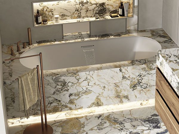 dettaglio-sapphire-inca-vasca-da-incasso-in-white-stonage vasca da incasso MOMA Design in Stonage modello Sapphire Inca, con zoccolino LED 3000°K e riempimento a cascata dal troppopieno, per installazione in nicchia e rivesimento totale con gres porcellanato finitura Etoile Symphonie