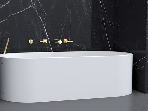 dettaglio-sapphire-wall-vasca-amuro-in-white-stonage vasca contro una parete modello Sapphire Wall in Stonage firmata MOMA Design, con foro per doccino