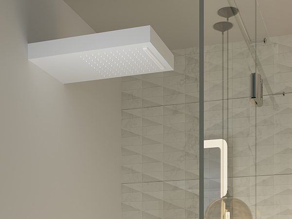 dettaglio-shower-wall-soffione-a-parete-in-corian-glacier-white soffione a parete MOMA design in corian modello Shower Wall con optional cascata