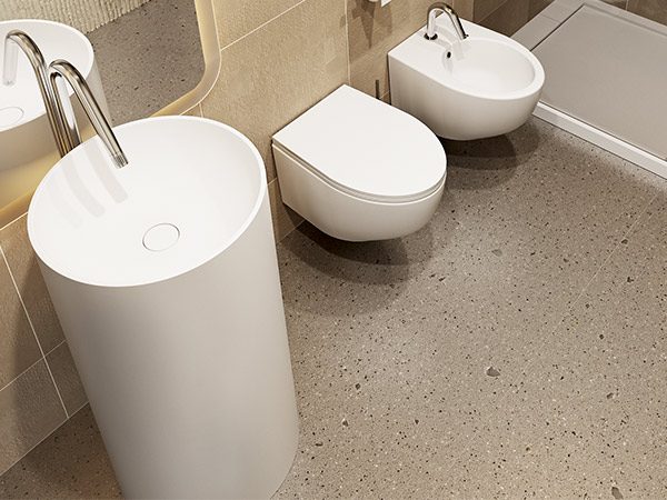 dettaglio-tower-roll-lavabo-freestanding-in-white-stonage lavabo tower freestanding MOMA Design modello Tower Roll in Stonage, affiancato da sanitari modello Tondo