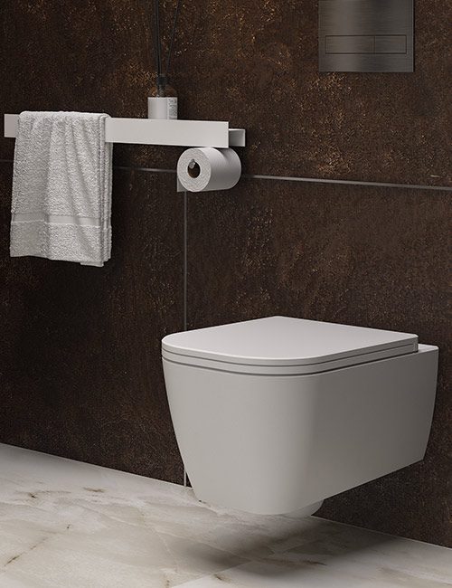 dettaglio-wc-sospeso-con-fissaggio-a-scomparsa-in-ceramica-opaca close up WC MOMA design modello WQuadro in ceramica satinata opaca, con barra Line portarotolo