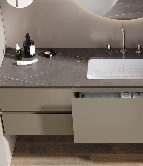 mobile MOMA Design modello Evermotion in MDF laccato opaco, con top in marmo e lavabo da incasso versus in stonage