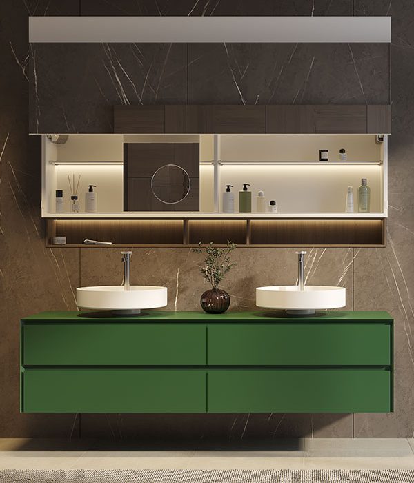 mobile MOMA Design modello Evermotion in MDF laccato opaco, con lavabi d'appoggio in stonage modello Oyster e specchio contenitore modello Mirr Cabinet
