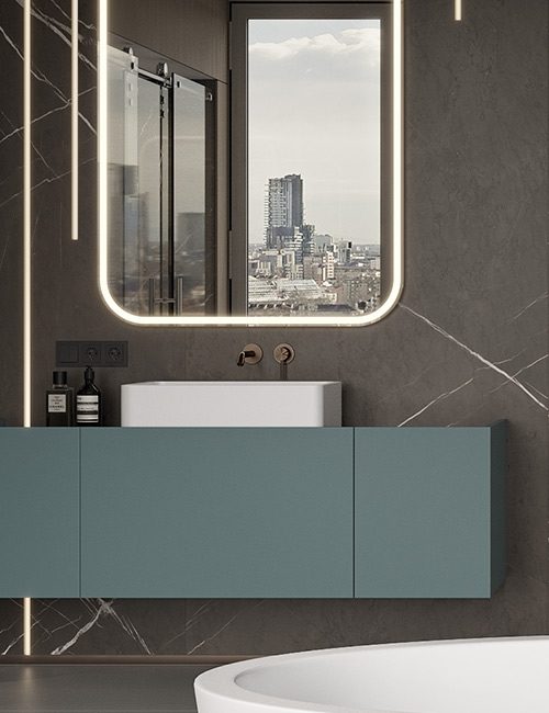 dettaglio2-jump2-lavabo-da-appoggio-in-white-stonage Lavabo da appoggio MOMA Design modello Jump 2 con pianetto in White Stonage, su mobile modello Edition con ripiano in marmo, cassetti chiusi vista frontale