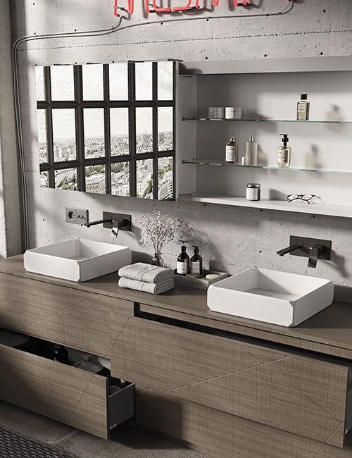 dettaglio2-keplero-1-lavabo-da-appoggio-in-white-stonage Doppio lavabo d'appoggio MOMA Design modello Keplero con copripiletta removibile, in appoggio su mobile a terra modello Boxline, cassetti aperti, e specchio contenitore modello Mirr Box