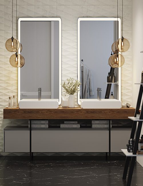 dettaglio2-keplero-2-lavabo-da-appoggio-in-white-stonage Doppio lavabo d'appoggio MOMA Design modello Keplero rettangolare con rubinetteria interna, in appoggio su mobile a terra modello Aria+Evermotion e specchi con fascia sabbiata perimetrale