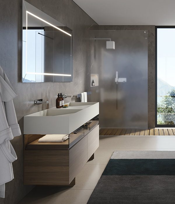 dettaglio4 elegance-mobile-sospeso-o-in-appoggio-senza-spalle.jpg mobile a terra MOMA Design modello Elegance glass+wood con piano lavabo in corian e cassetti in vetro fumé e legno