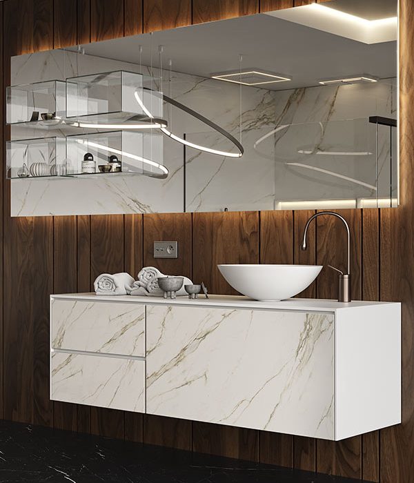 mobile sospeso MOMA Design modello Slimline con frontale in gres sahara calacatta gold