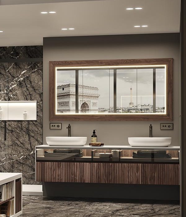 dettaglio5-glass+wood-slimline-mobile-con-profilo-frontale-sottile-con-top-e-alti-in-white-stonage-con-ante-e-cassetti-con-maniglia-a-gola-superiore-a-45° mobile sospeso MOMA Design modello Slimline glass + wood con cassetti aperti in vetro e noce canaletto fresato, con lavabi d'appoggio modello Sweet